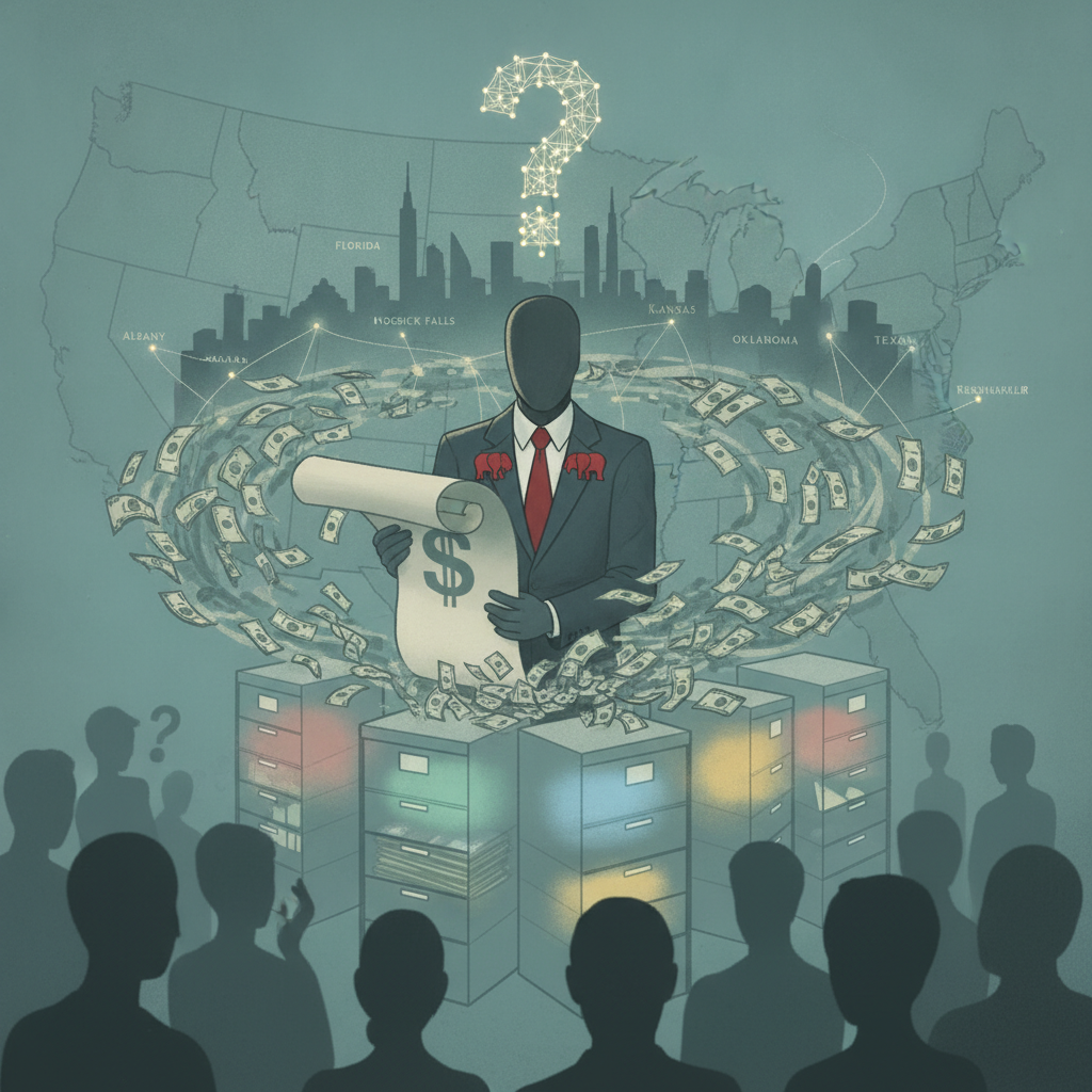 An abstract illustration depicting a suited figure with a question mark, surrounded by s — Bruce Blakeman campaign finance