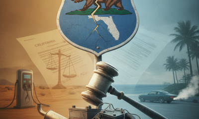A split image featuring a cracked California state emblem and a gavel, symbolizing — california vehicle emissions lawsuit