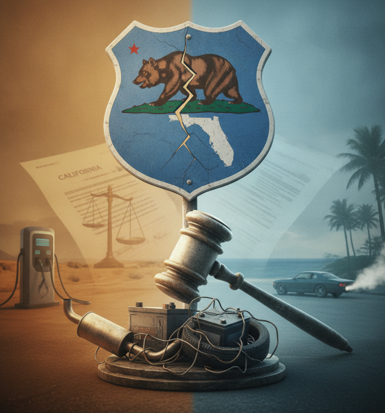 A split image featuring a cracked California state emblem and a gavel, symbolizing — california vehicle emissions lawsuit