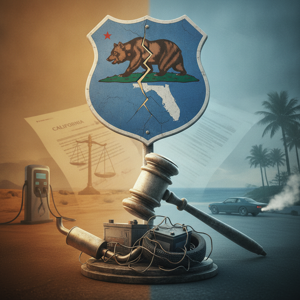 A split image featuring a cracked California state emblem and a gavel, symbolizing — california vehicle emissions lawsuit