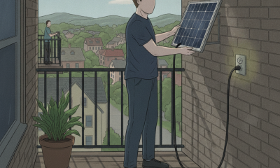 Two individuals on balconies installing balcony solar panels; one plugs a panel into a wall outlet.