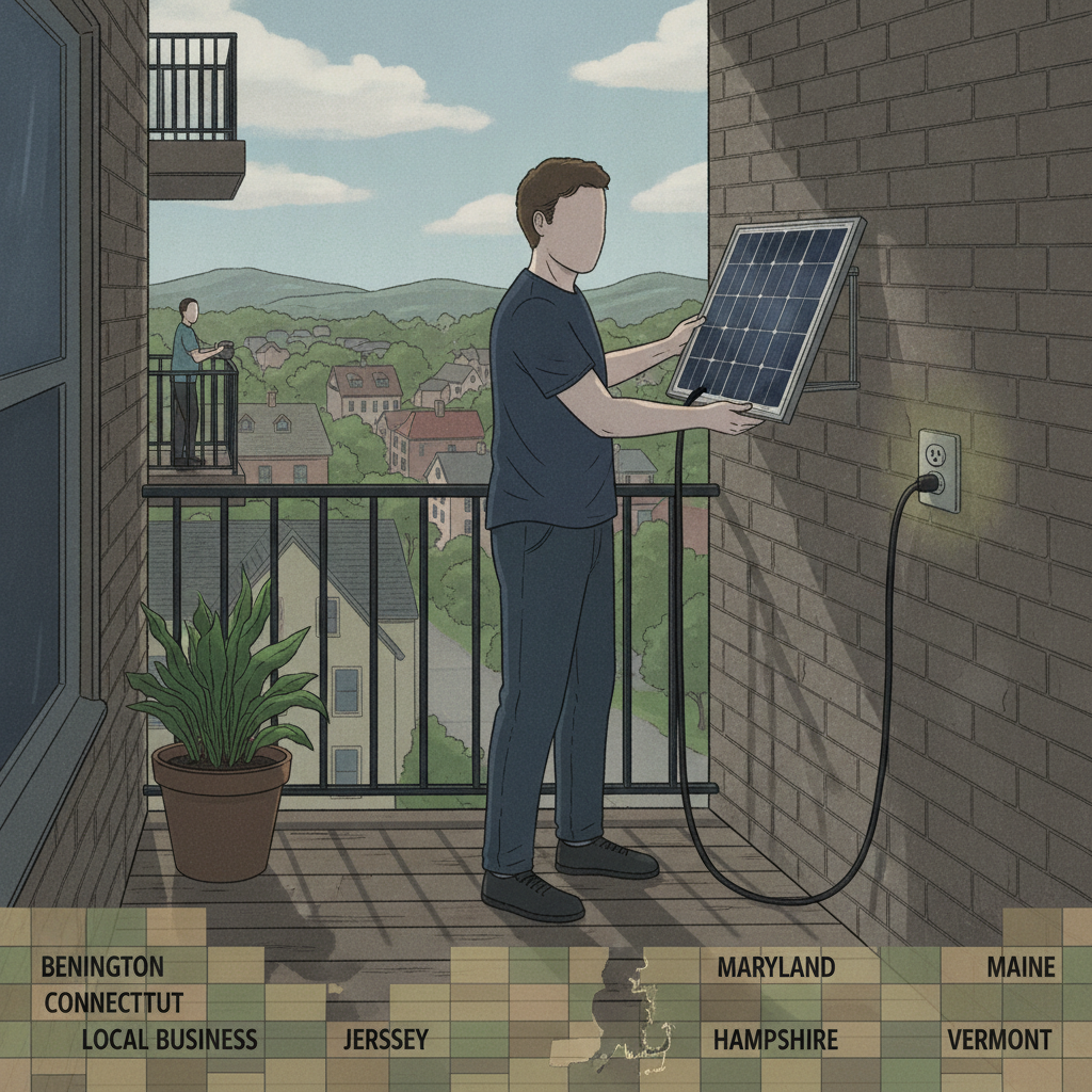 Two individuals on balconies installing balcony solar panels; one plugs a panel into a wall outlet.