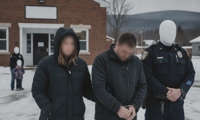 A woman in a black coat and a man in handcuffs stand outside a police station, accompanied — Chastity Twiss Bennington VT