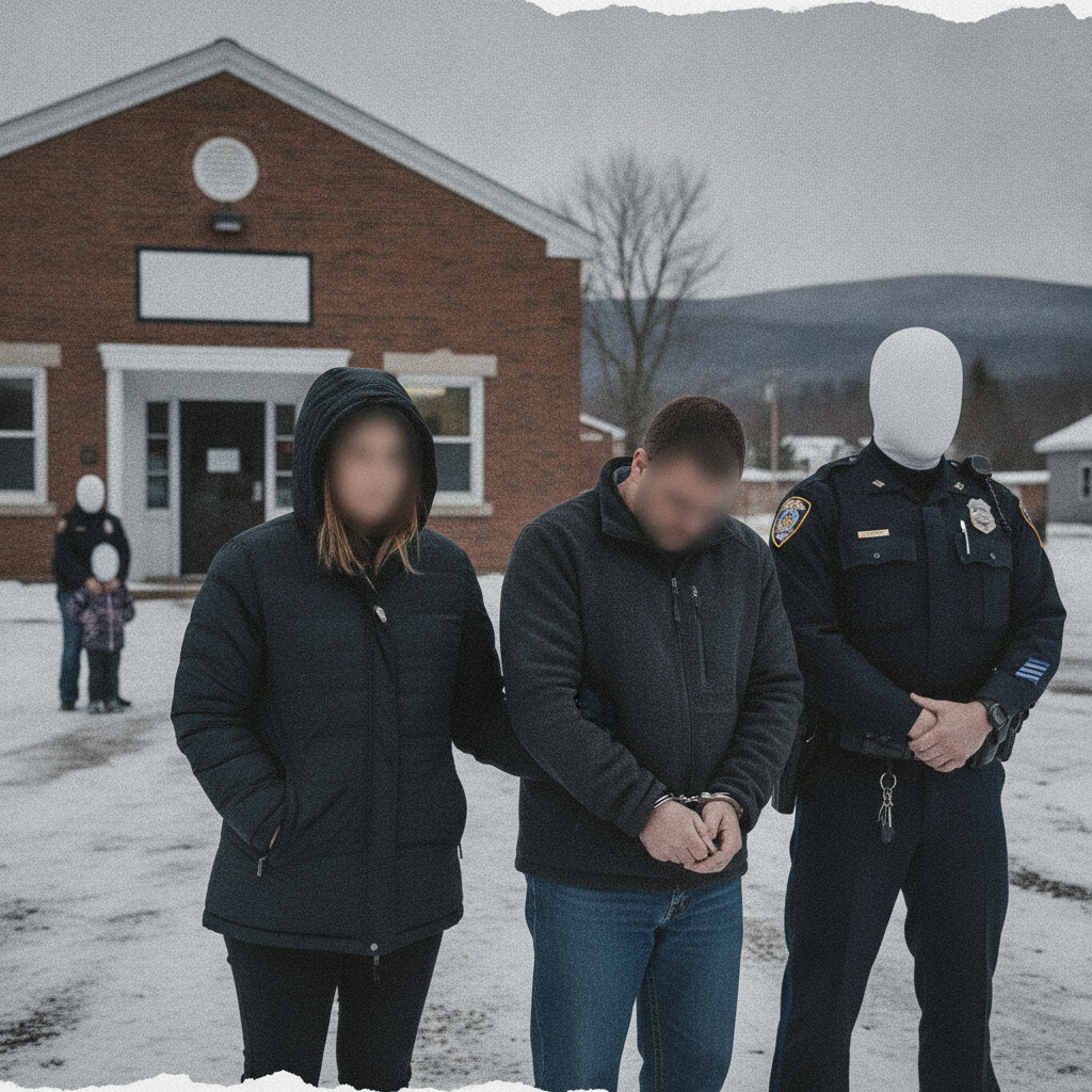 A woman in a black coat and a man in handcuffs stand outside a police station, accompanied — Chastity Twiss Bennington VT