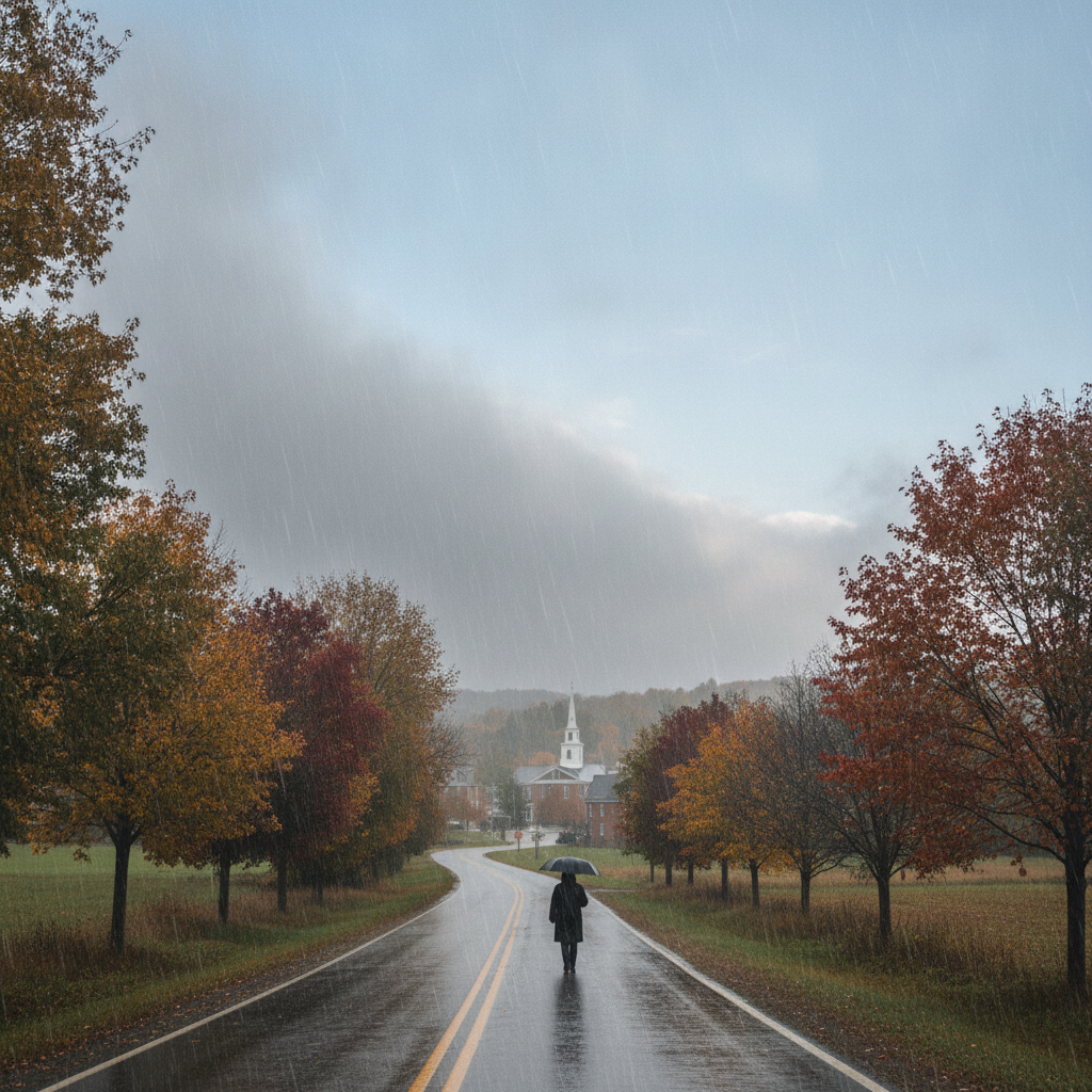 A person walking with an umbrella on a rainy road lined with autumn trees in Benni — Bennington County VT weather forecast