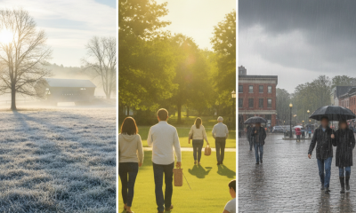 A collage showing a crisp morning in Bennington with frost, warm afternoon sunlight, and — Bennington VT weather forecast