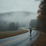 Dense fog and low clouds roll over autumn hills in a Bennington County weather forecast update.