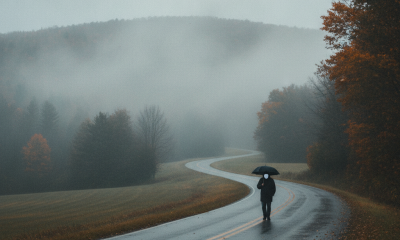 Dense fog and low clouds roll over autumn hills in a Bennington County weather forecast update.