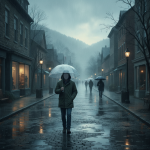 A person with an umbrella walks down a rainy street in Bennington County, surrounded by low-ha — Bennington County weather