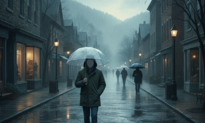 A person with an umbrella walks down a rainy street in Bennington County, surrounded by low-ha — Bennington County weather