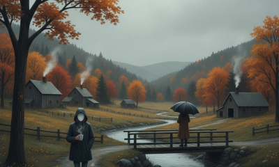 Two figures in autumn attire walking in a damp, overcast landscape with colorful fall fol — Bennington VT weather forecast