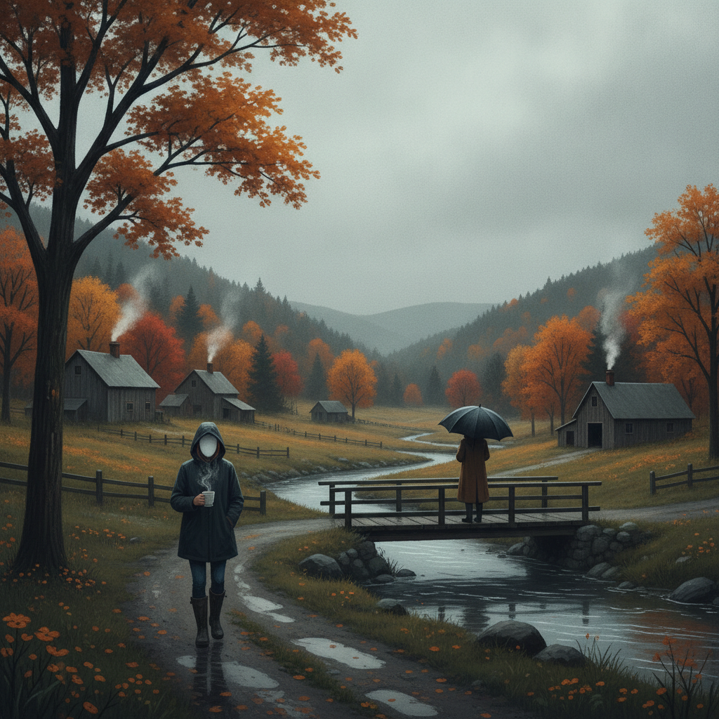 Two figures in autumn attire walking in a damp, overcast landscape with colorful fall fol — Bennington VT weather forecast