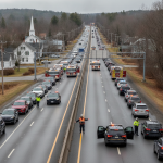 Emergency crews manage traffic on US-7 road closure in Pownal, Vermont, with vehicles lined — US-7 Road Closure Pownal VT