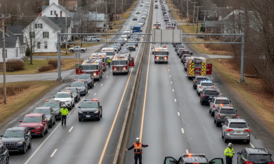 Emergency crews manage traffic on US-7 road closure in Pownal, Vermont, with vehicles lined — US-7 Road Closure Pownal VT