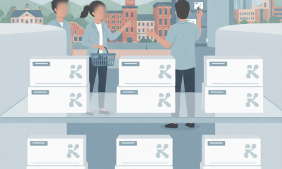 Two people in a pharmacy discussing estrogen patches, with shelves of medication in the foregrou — estrogen patch shortage