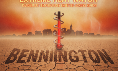 Weather alert graphic displaying an extreme heat watch Bennington advisory across the region.