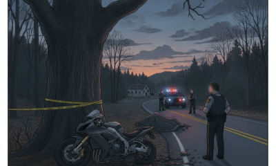 Scene of a fatal motorcycle crash on a rural road in Dorset, VT, with a motorcycle, pol — Fatal Motorcycle Crash Dorset VT
