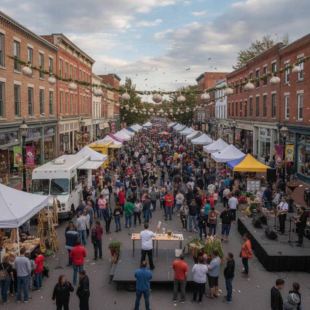 Crowd gathered at Garlic Town USA festival in downtown Bennington, with food stalls and live music.