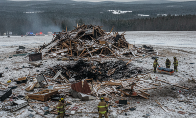 Debris from a house explosion in Granville, Vermont, with firefighters on the scene amid sn — Granville VT House Explosion