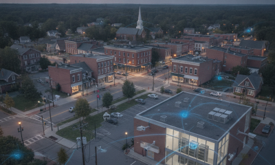 Aerial view of a small town with surveillance technology, including drones and — how 9/11 changed government surveillance