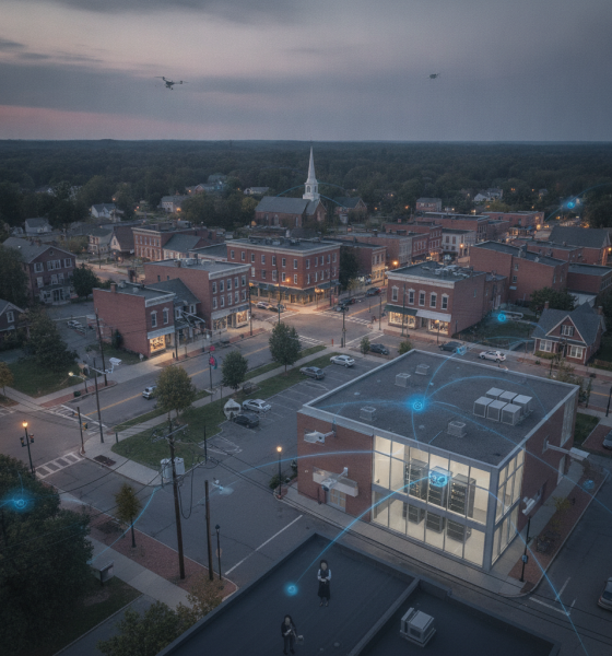 Aerial view of a small town with surveillance technology, including drones and — how 9/11 changed government surveillance