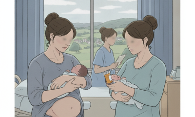 Two women in a hospital room holding newborns, one with a visible baby bump, discus — rural C-section opioid prescriptions