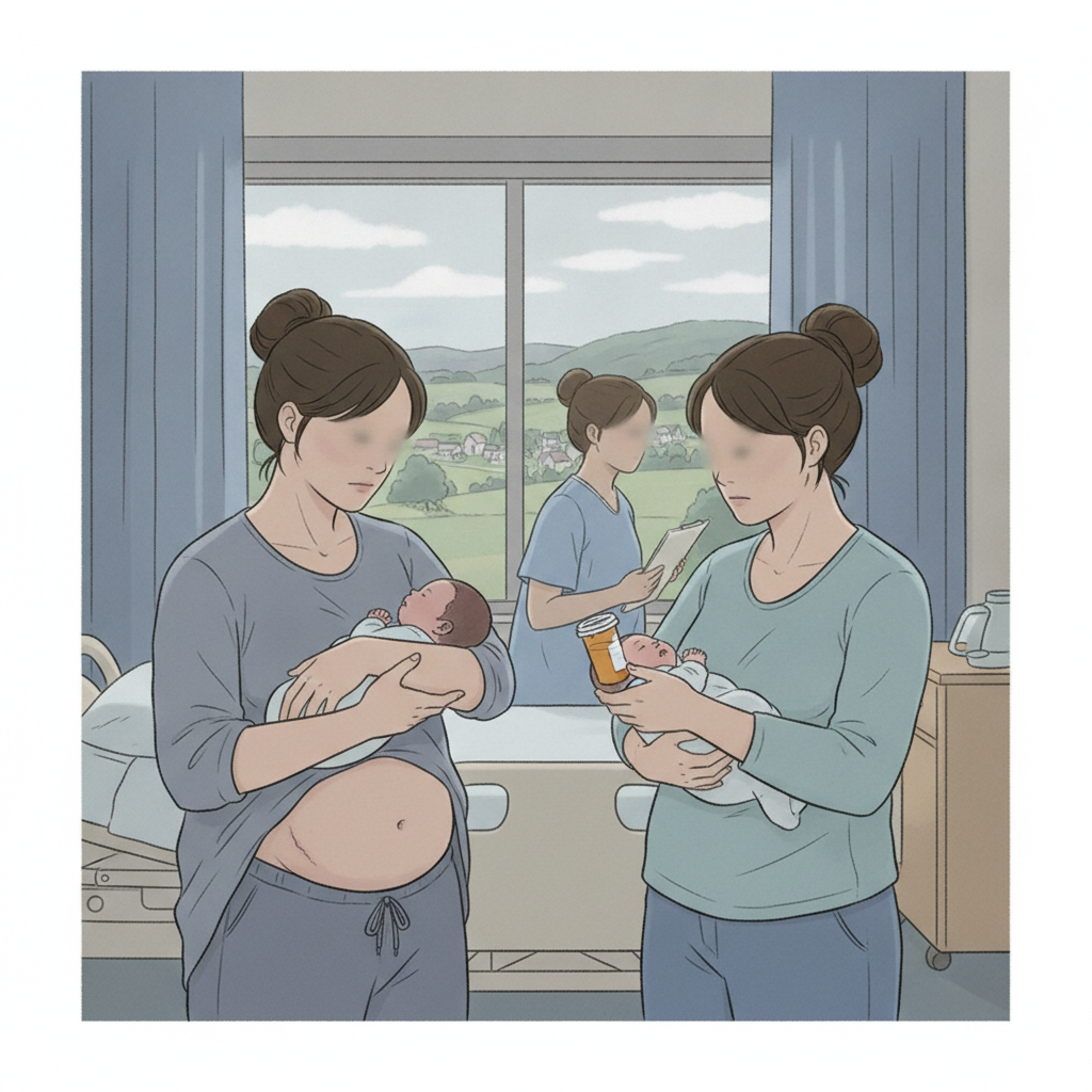 Two women in a hospital room holding newborns, one with a visible baby bump, discus — rural C-section opioid prescriptions
