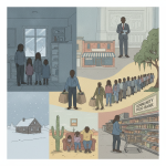 Illustration depicting the impact of SNAP benefits cuts, showing families, food banks, and various community settings.