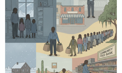 Illustration depicting the impact of SNAP benefits cuts, showing families, food banks, and various community settings.