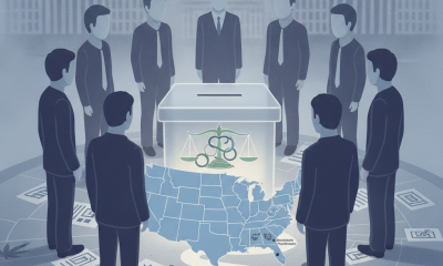 Illustration depicting a group of men around a ballot box with symbols of justice — criminal justice ballot measures 2026
