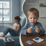 A split image showing a sick child in a hospital bed and a young boy — immigration enforcement impact on childrens health