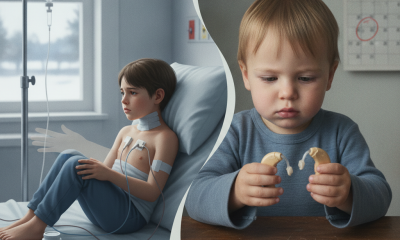 A split image showing a sick child in a hospital bed and a young boy — immigration enforcement impact on childrens health