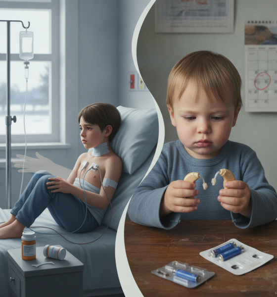 A split image showing a sick child in a hospital bed and a young boy — immigration enforcement impact on childrens health