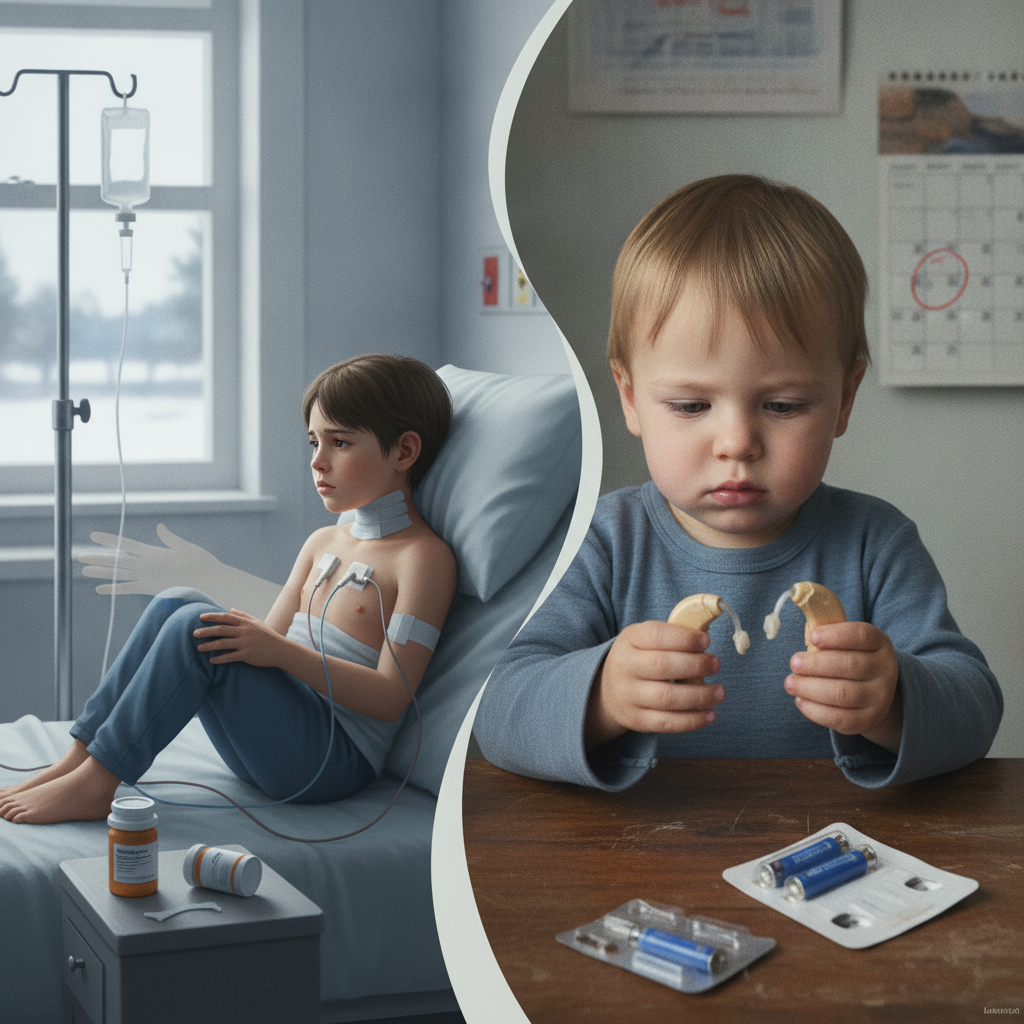 A split image showing a sick child in a hospital bed and a young boy — immigration enforcement impact on childrens health