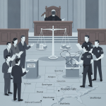 Illustration depicting a courtroom scene with a judge, civil rights groups, and ICE agents, — lawsuit ICE agents at polls