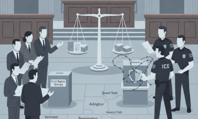 Illustration depicting a courtroom scene with a judge, civil rights groups, and ICE agents, — lawsuit ICE agents at polls