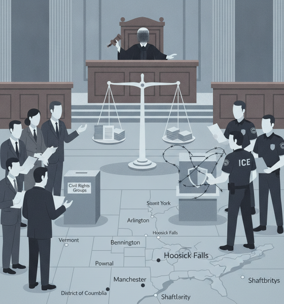 Illustration depicting a courtroom scene with a judge, civil rights groups, and ICE agents, — lawsuit ICE agents at polls