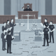 Illustration depicting a courtroom scene with a judge, civil rights groups, and ICE agents, — lawsuit ICE agents at polls