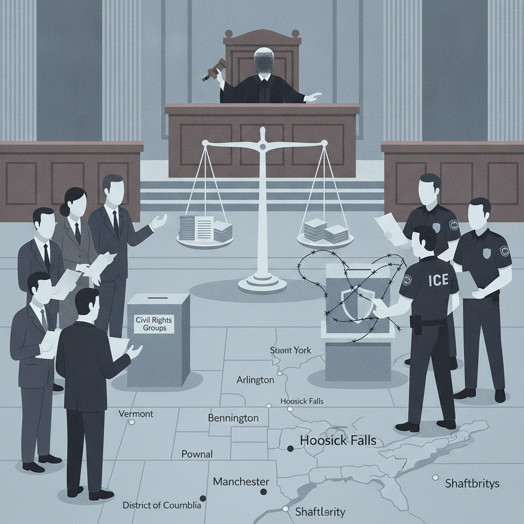 Illustration depicting a courtroom scene with a judge, civil rights groups, and ICE agents, — lawsuit ICE agents at polls
