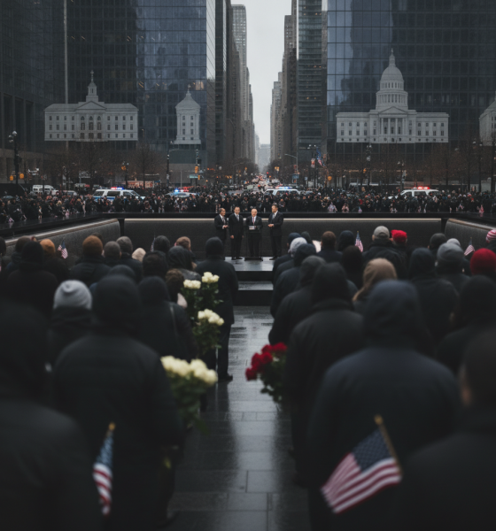 Crowd gathered at the 9/11 Memorial Plaza for the 25th anniversary of 9/11, with officials speaking and flags displayed.