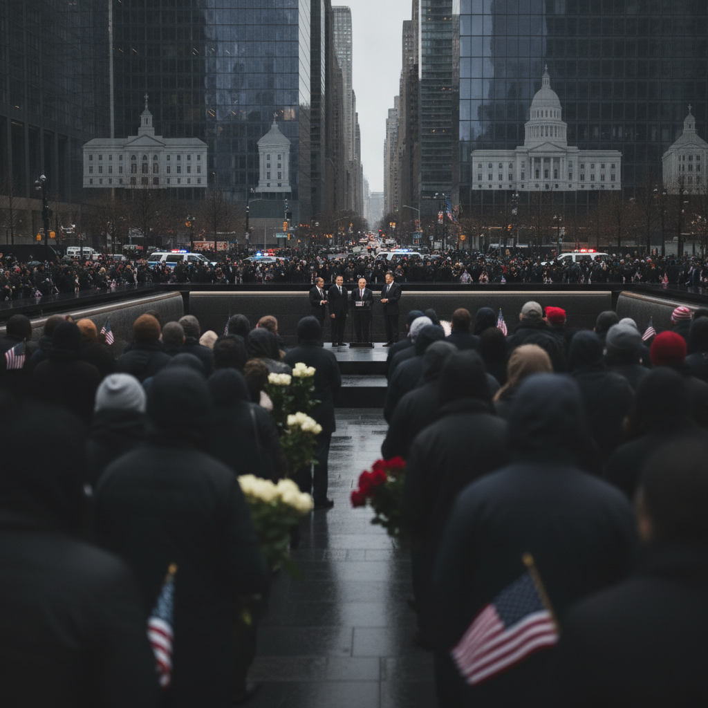 Crowd gathered at the 9/11 Memorial Plaza for the 25th anniversary of 9/11, with officials speaking and flags displayed.
