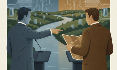 Two men in suits debate near a river, with circuit patterns and data center imagery in the back — Mike Lawler data centers
