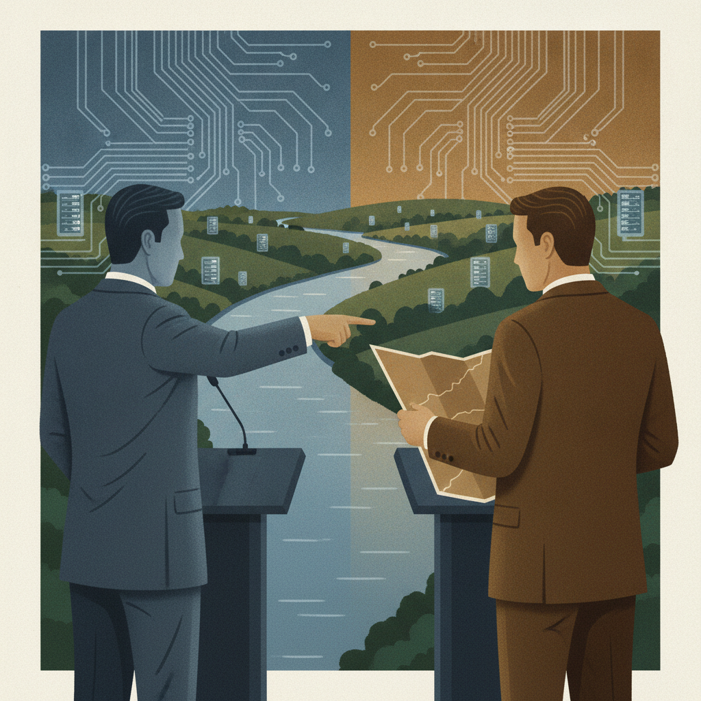 Two men in suits debate near a river, with circuit patterns and data center imagery in the back — Mike Lawler data centers