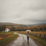 A person walking with an umbrella along a rural road in Bennington County, surrounded by — Bennington VT weather forecast