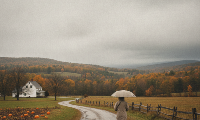 A person walking with an umbrella along a rural road in Bennington County, surrounded by — Bennington VT weather forecast