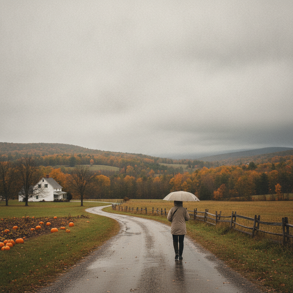 A person walking with an umbrella along a rural road in Bennington County, surrounded by — Bennington VT weather forecast