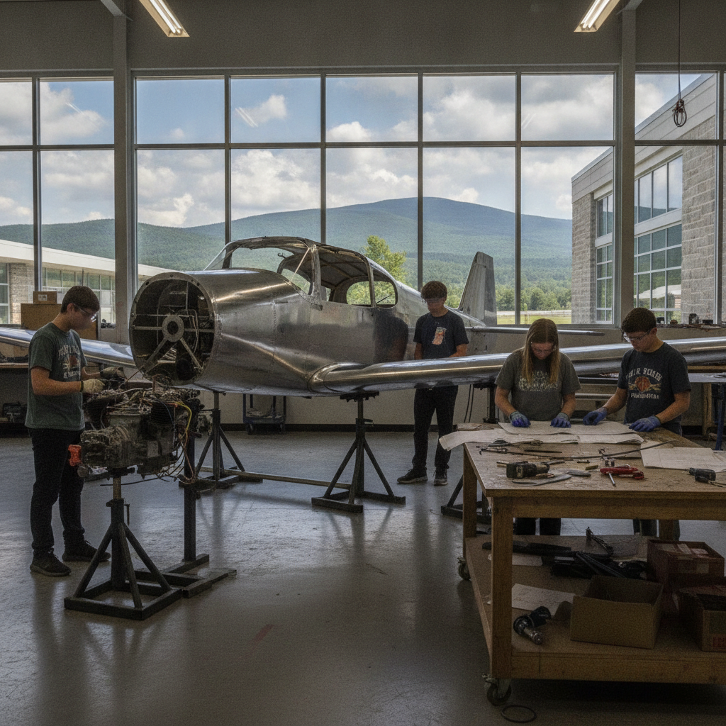 Students at Mount Anthony Union High School work on assembling a Van's — Mount Anthony Union High School Airplane Project