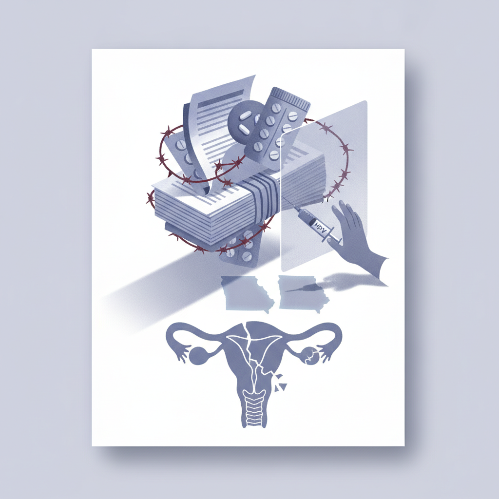 Illustration depicting abortion medication laws with pills, documents, and a hand, symbolizing reproductive healthcare res…