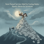 An eagle holding a pencil stands atop a mountain of mail envelopes, symbolizing chal — postal service mail in voting rules