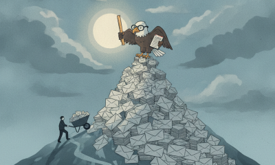 An eagle holding a pencil stands atop a mountain of mail envelopes, symbolizing chal — postal service mail in voting rules